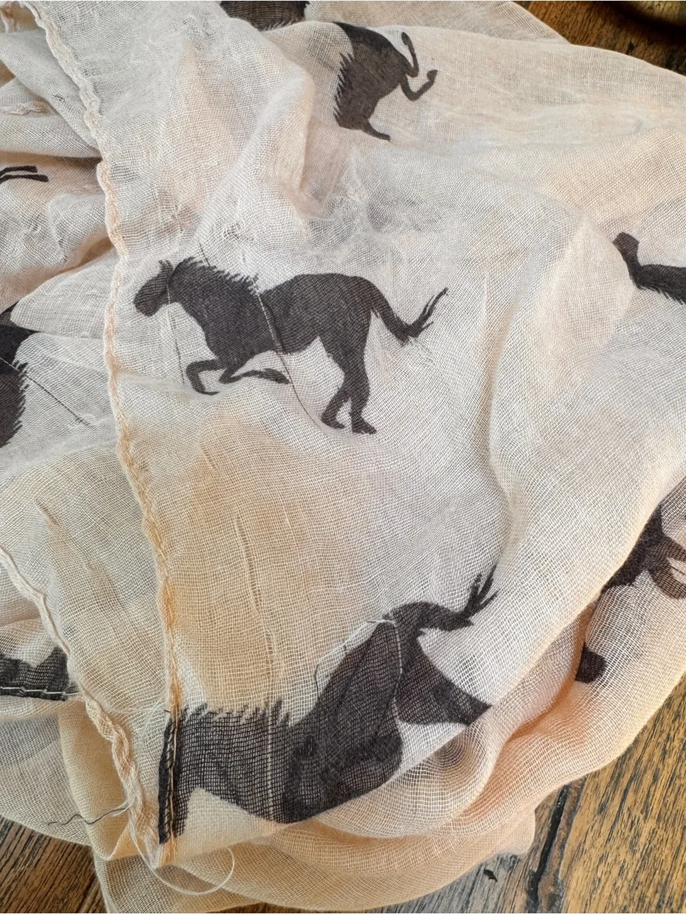 Large 68” Light Beige Black Horse Print Scarf Sheer Linen *wounded/clearance